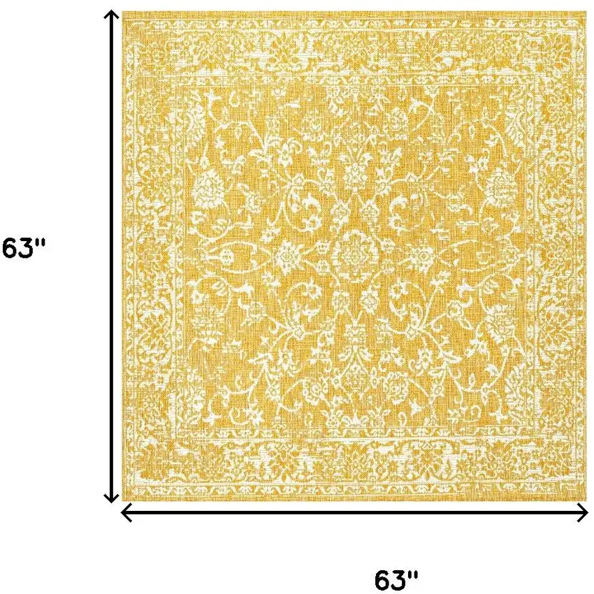 5' Yellow And Cream Square Medallion Indoor Outdoor Area Rug Photo 9
