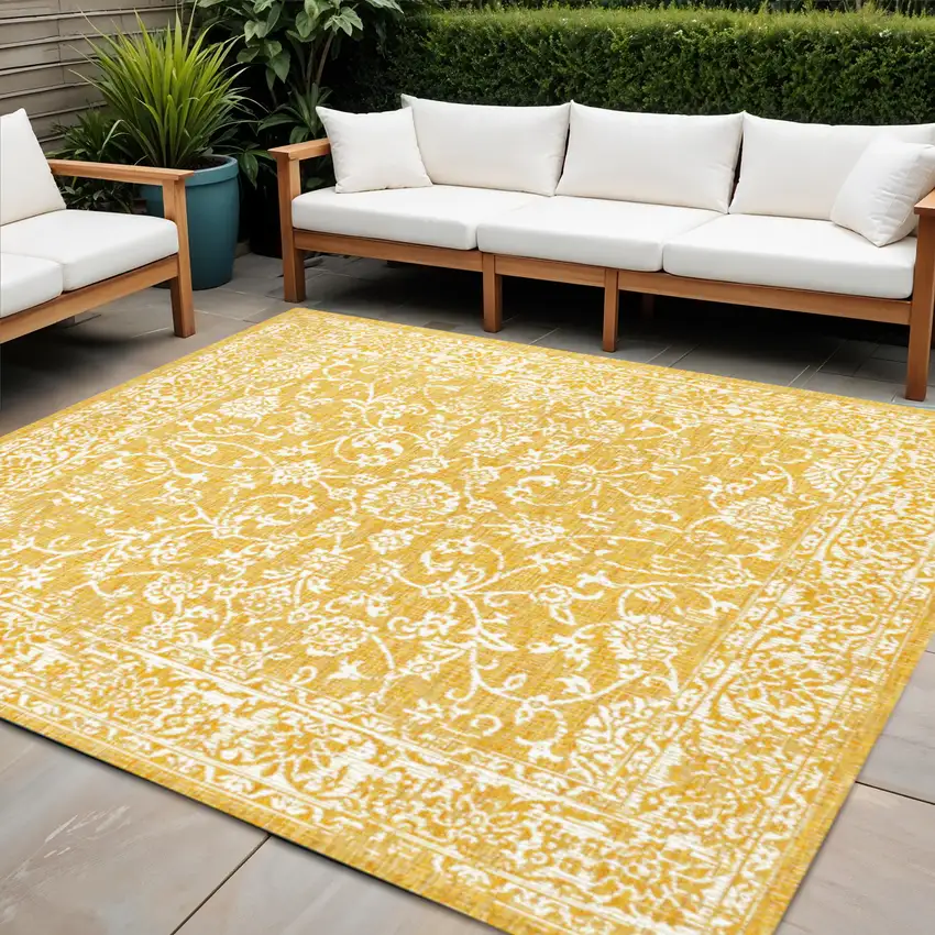 5' Yellow And Cream Square Medallion Indoor Outdoor Area Rug Photo 1
