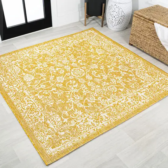 5' Yellow And Cream Square Medallion Indoor Outdoor Area Rug Photo 4