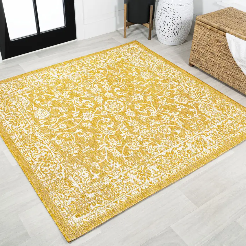 5' Yellow And Cream Square Medallion Indoor Outdoor Area Rug Photo 4