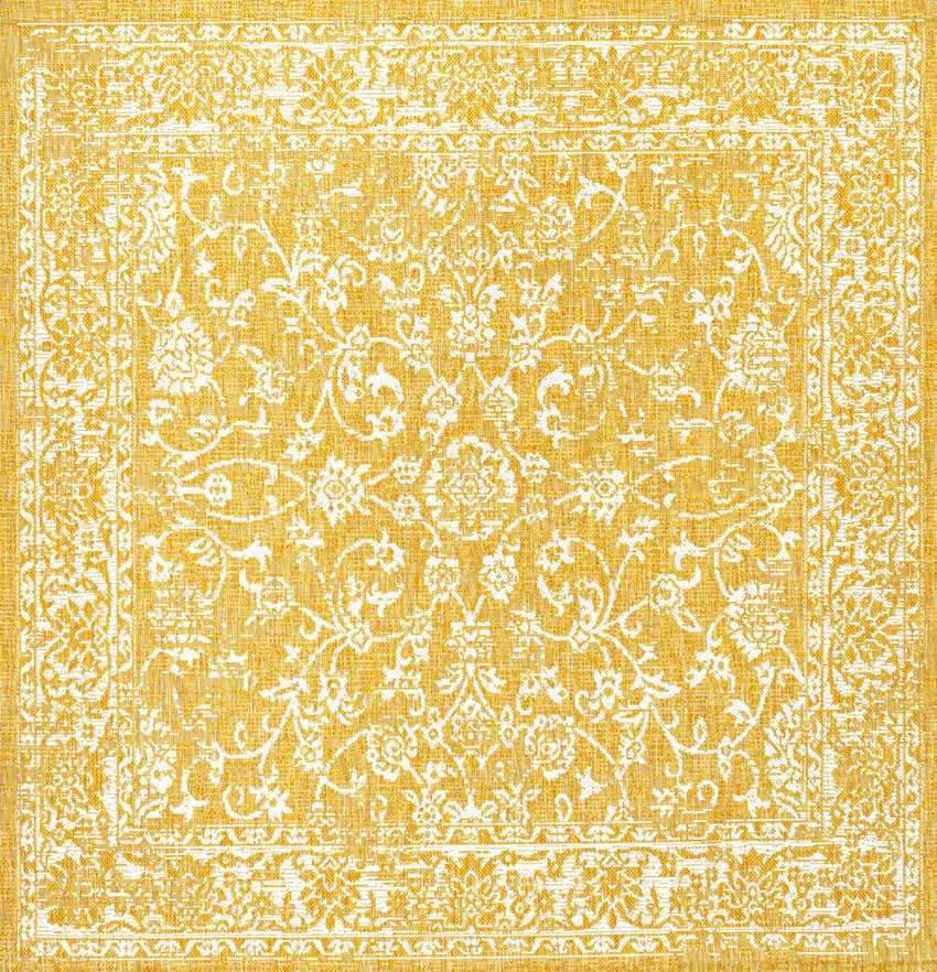 5' Yellow And Cream Square Medallion Indoor Outdoor Area Rug Photo 1
