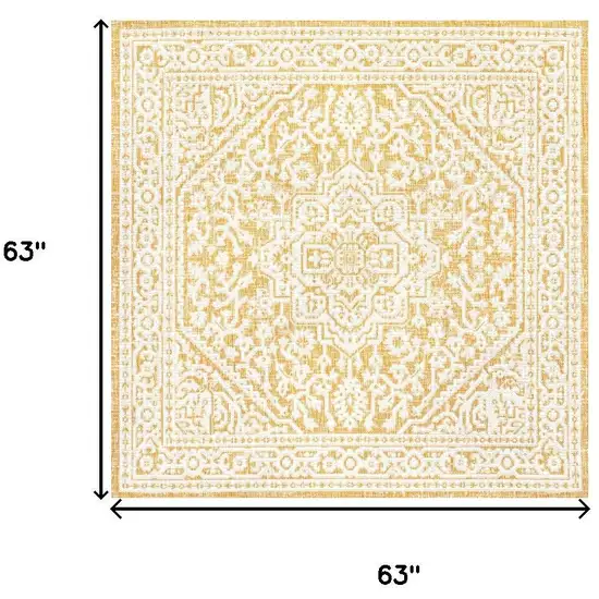 5' Yellow And Cream Square Medallion Indoor Outdoor Area Rug Photo 9