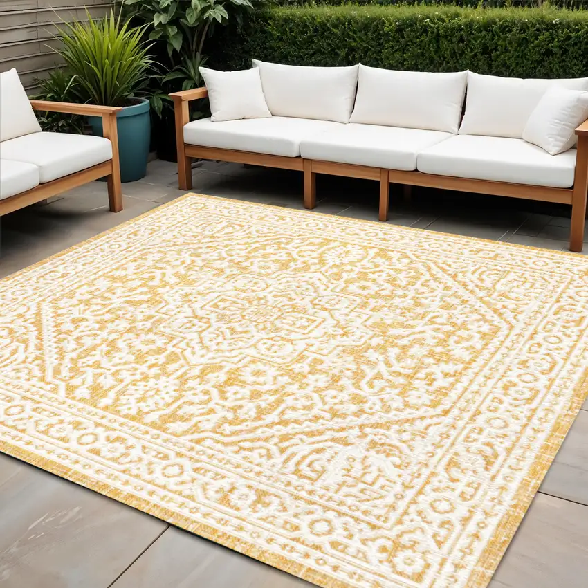 5' Yellow And Cream Square Medallion Indoor Outdoor Area Rug Photo 1