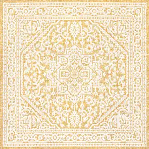 Photo of 5' Yellow And Cream Square Medallion Indoor Outdoor Area Rug