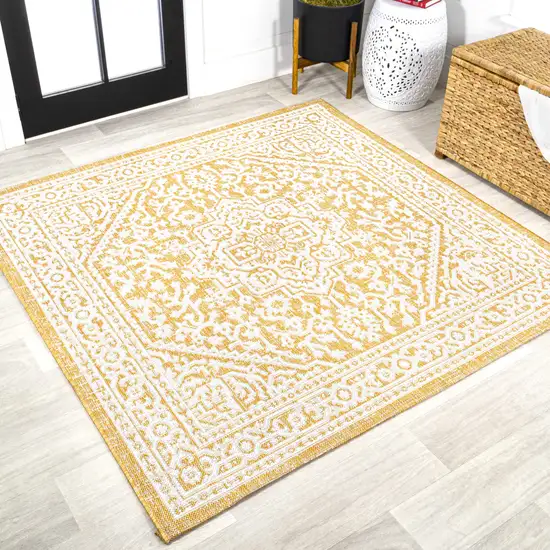 5' Yellow And Cream Square Medallion Indoor Outdoor Area Rug Photo 4