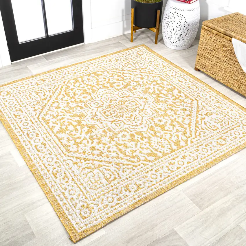 5' Yellow And Cream Square Medallion Indoor Outdoor Area Rug Photo 4