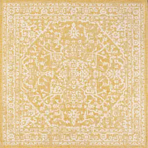 Photo of 5' Yellow And Cream Square Medallion Indoor Outdoor Area Rug