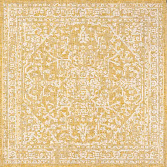 5' Yellow And Cream Square Medallion Indoor Outdoor Area Rug Photo 1