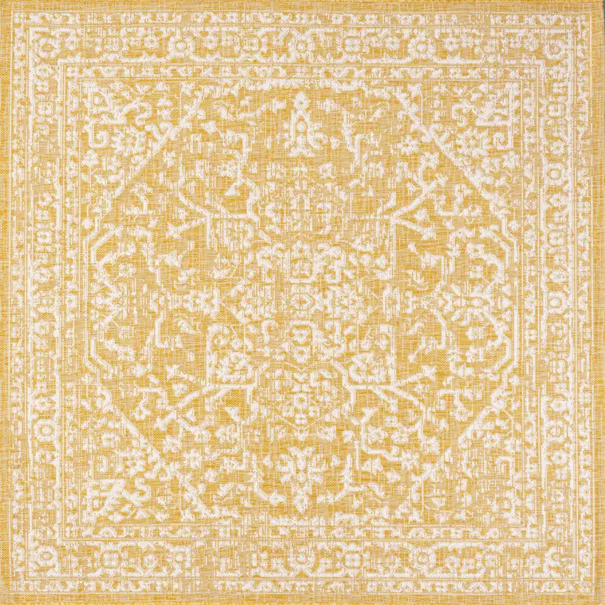 5' Yellow And Cream Square Medallion Indoor Outdoor Area Rug Photo 1