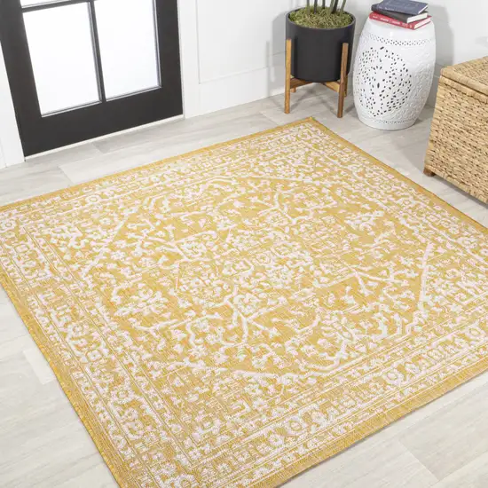 5' Yellow And Cream Square Medallion Indoor Outdoor Area Rug Photo 4