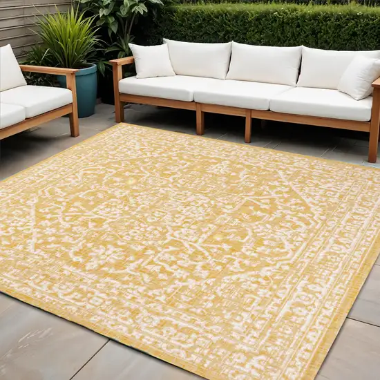 5' Yellow And Cream Square Medallion Indoor Outdoor Area Rug Photo 1