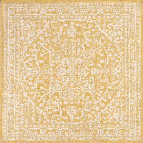 5' Yellow And Cream Square Medallion Indoor Outdoor Area Rug Photo 3