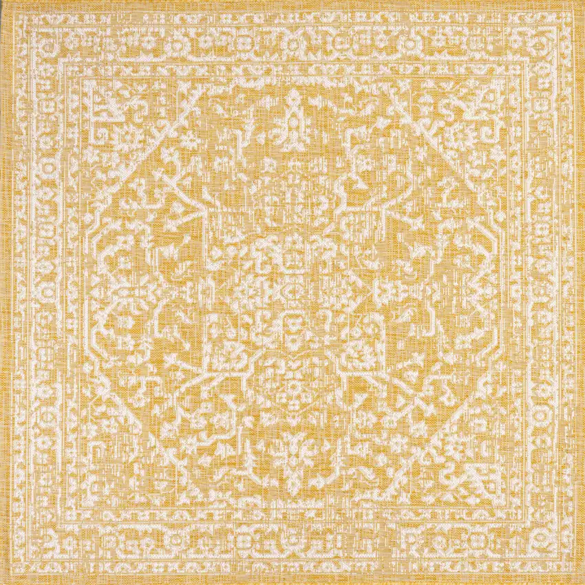 5' Yellow And Cream Square Medallion Indoor Outdoor Area Rug Photo 3