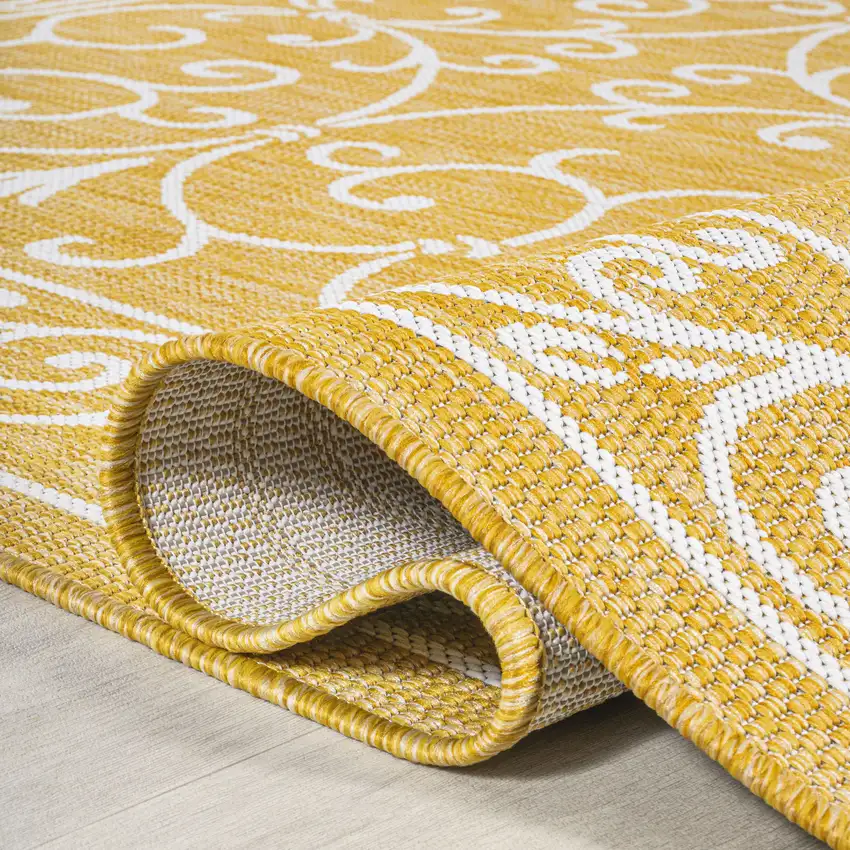5' Yellow And Cream Square Medallion Indoor Outdoor Area Rug Photo 9