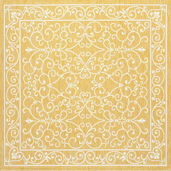 5' Yellow And Cream Square Medallion Indoor Outdoor Area Rug Photo 1