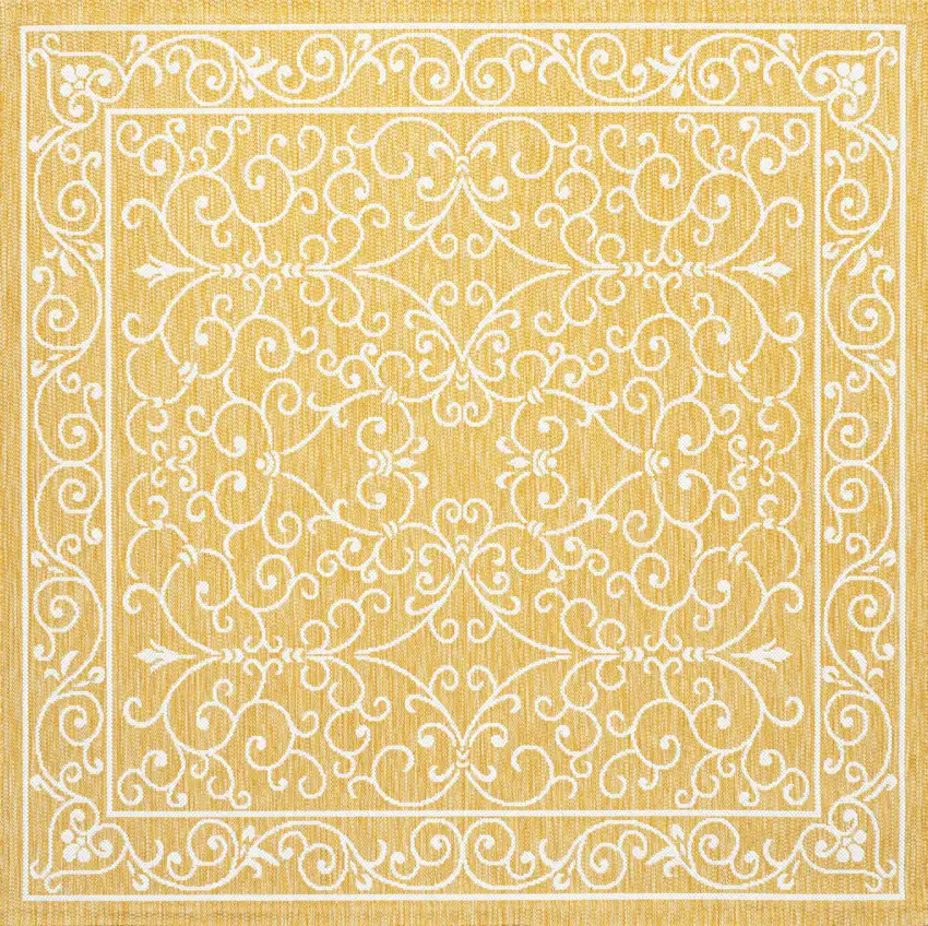 5' Yellow And Cream Square Medallion Indoor Outdoor Area Rug Photo 1