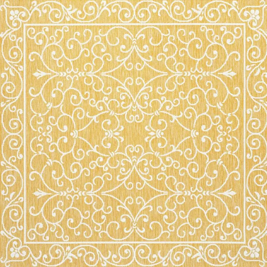 5' Yellow And Cream Square Medallion Indoor Outdoor Area Rug Photo 3