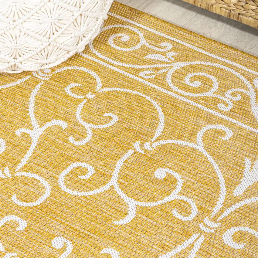 5' Yellow And Cream Square Medallion Indoor Outdoor Area Rug Photo 8