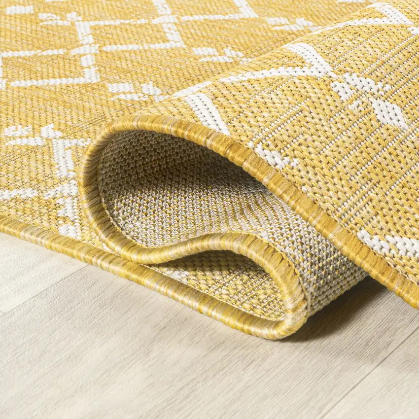 5' Yellow And Cream Square Trellis Indoor Outdoor Area Rug Photo 9