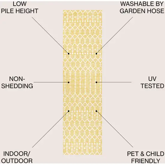 10' Yellow And Cream Trellis Indoor Outdoor Runner Rug Photo 8