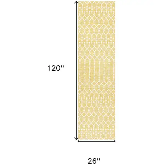 10' Yellow And Cream Trellis Indoor Outdoor Runner Rug Photo 5