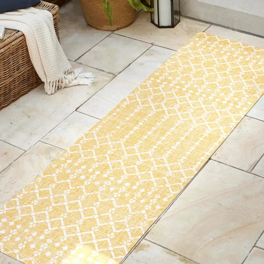 8' Yellow And Cream Trellis Indoor Outdoor Runner Rug Photo 5