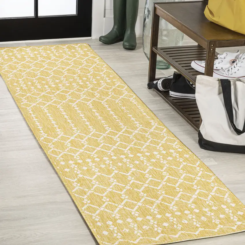 8' Yellow And Cream Trellis Indoor Outdoor Runner Rug Photo 4