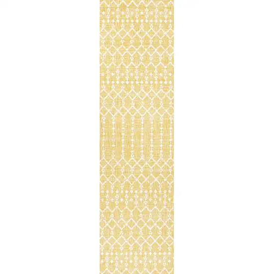 8' Yellow And Cream Trellis Indoor Outdoor Runner Rug Photo 1