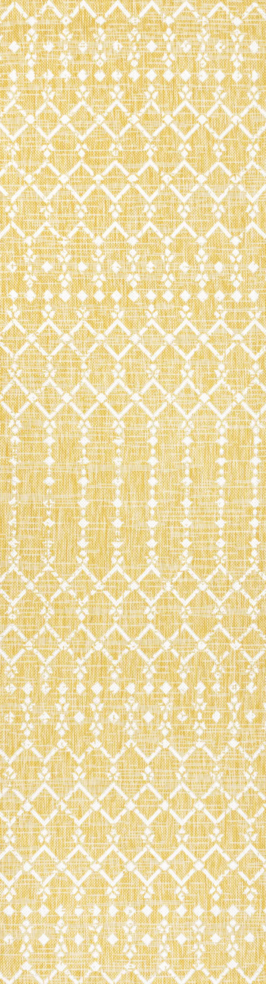 8' Yellow And Cream Trellis Indoor Outdoor Runner Rug Photo 1