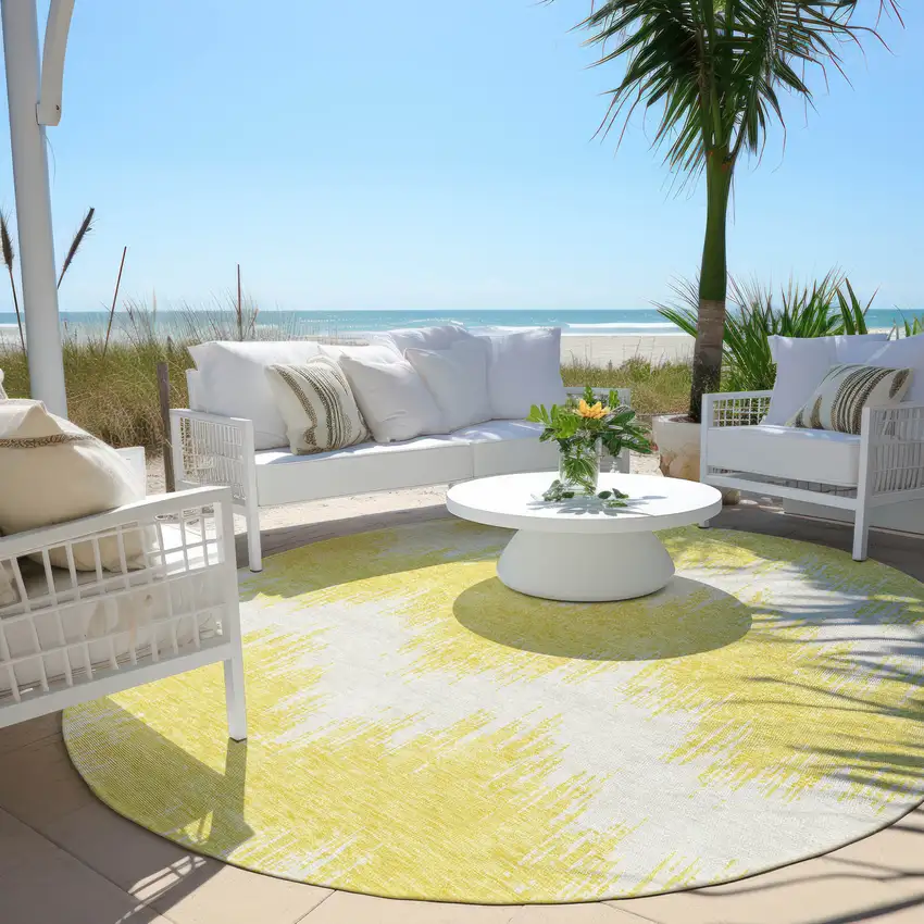 8' Yellow And Gray Round Chevron Washable Indoor Outdoor Area Rug Photo 7