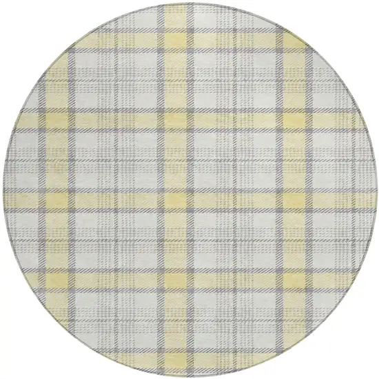 8' Yellow And Gray Round Plaid Washable Indoor Outdoor Area Rug Photo 2
