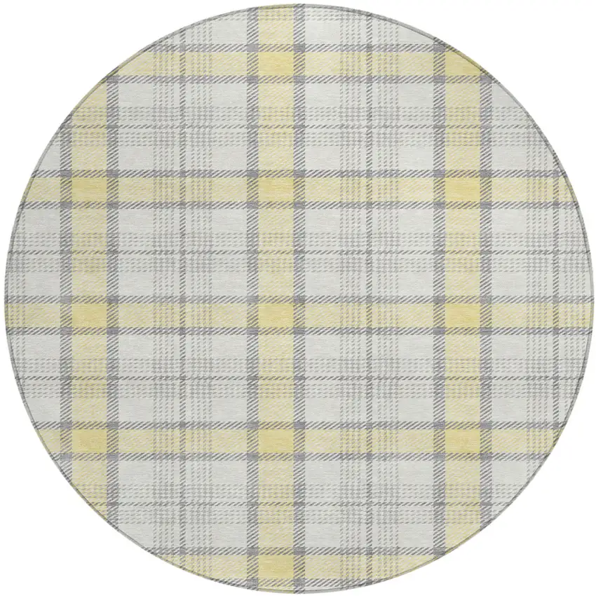 8' Yellow And Gray Round Plaid Washable Indoor Outdoor Area Rug Photo 2
