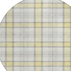Photo of 8' Yellow And Gray Round Plaid Washable Indoor Outdoor Area Rug