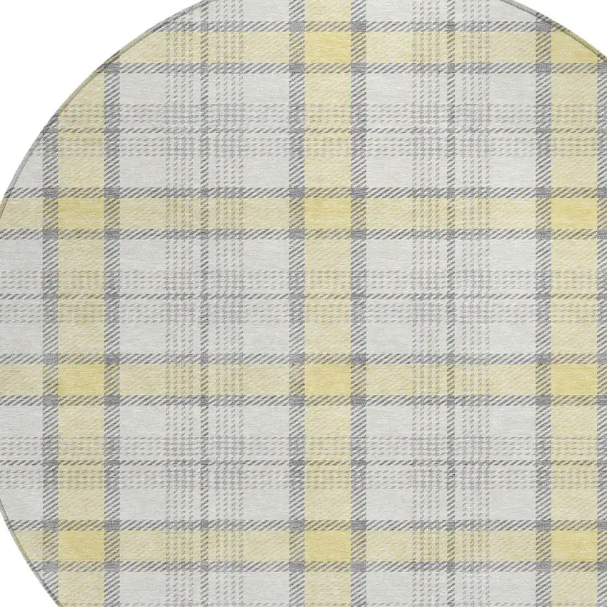 8' Yellow And Gray Round Plaid Washable Indoor Outdoor Area Rug Photo 4