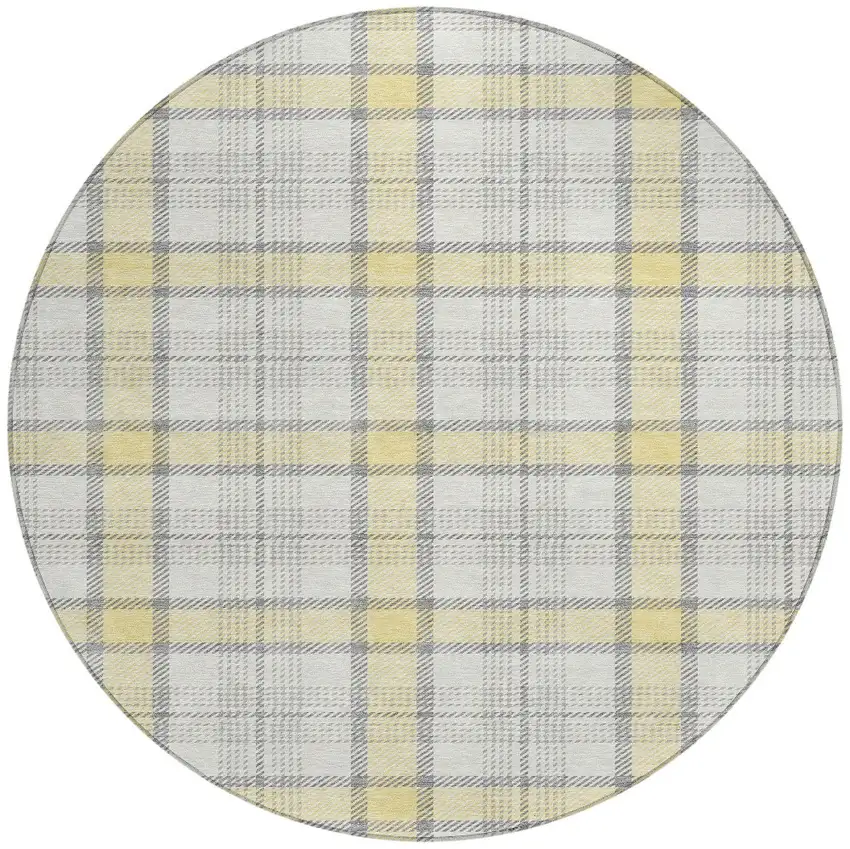 8' Yellow And Gray Round Plaid Washable Indoor Outdoor Area Rug Photo 5