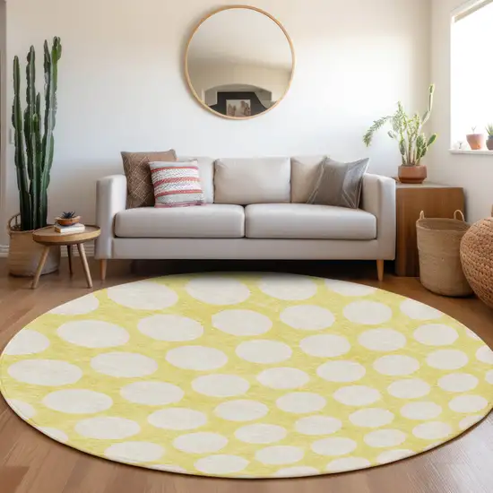 8' Yellow And Gray Round Polka Dot Washable Indoor Outdoor Area Rug Photo 8