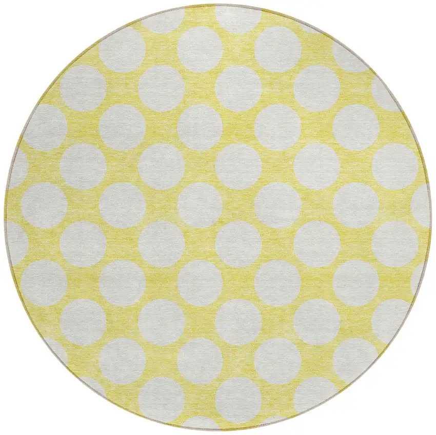 8' Yellow And Gray Round Polka Dot Washable Indoor Outdoor Area Rug Photo 6