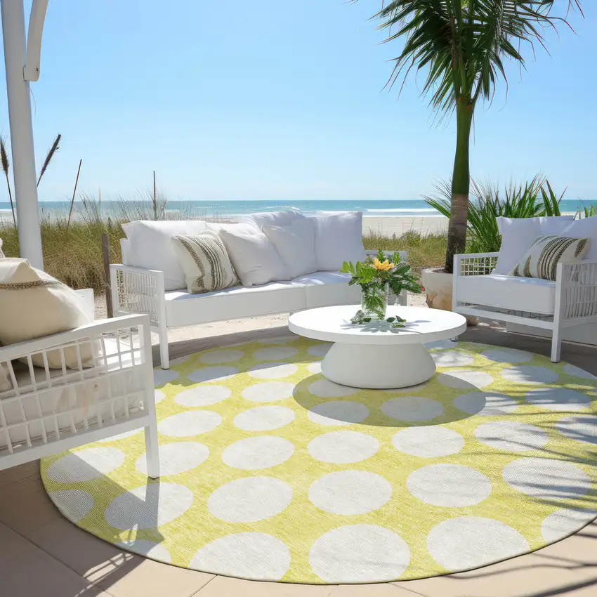 8' Yellow And Gray Round Polka Dot Washable Indoor Outdoor Area Rug Photo 7