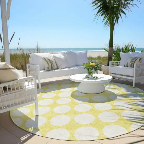 8' Yellow And Gray Round Polka Dot Washable Indoor Outdoor Area Rug Photo 7