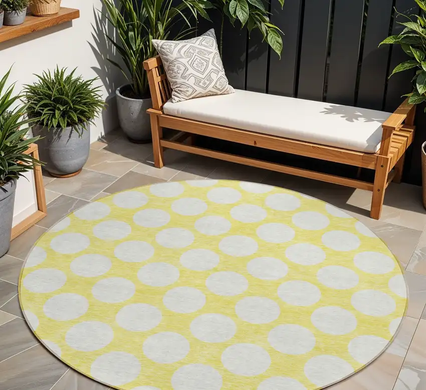 8' Yellow And Gray Round Polka Dot Washable Indoor Outdoor Area Rug Photo 1