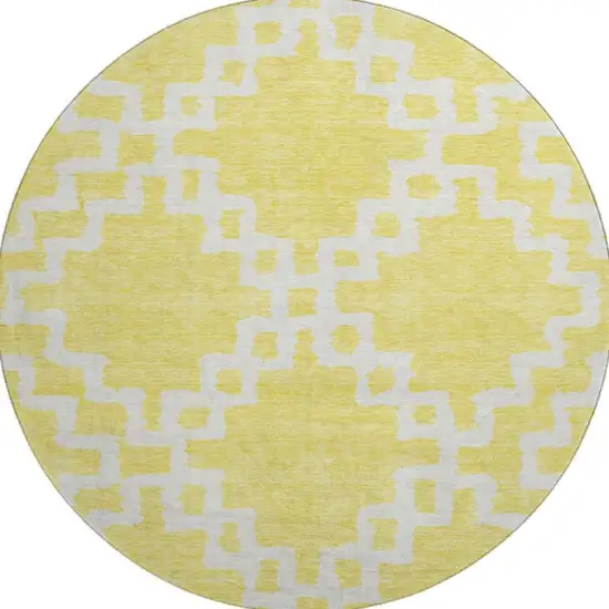 8' Yellow And Ivory Abstract Geometric Washable Round Rug With UV Protection Photo 4