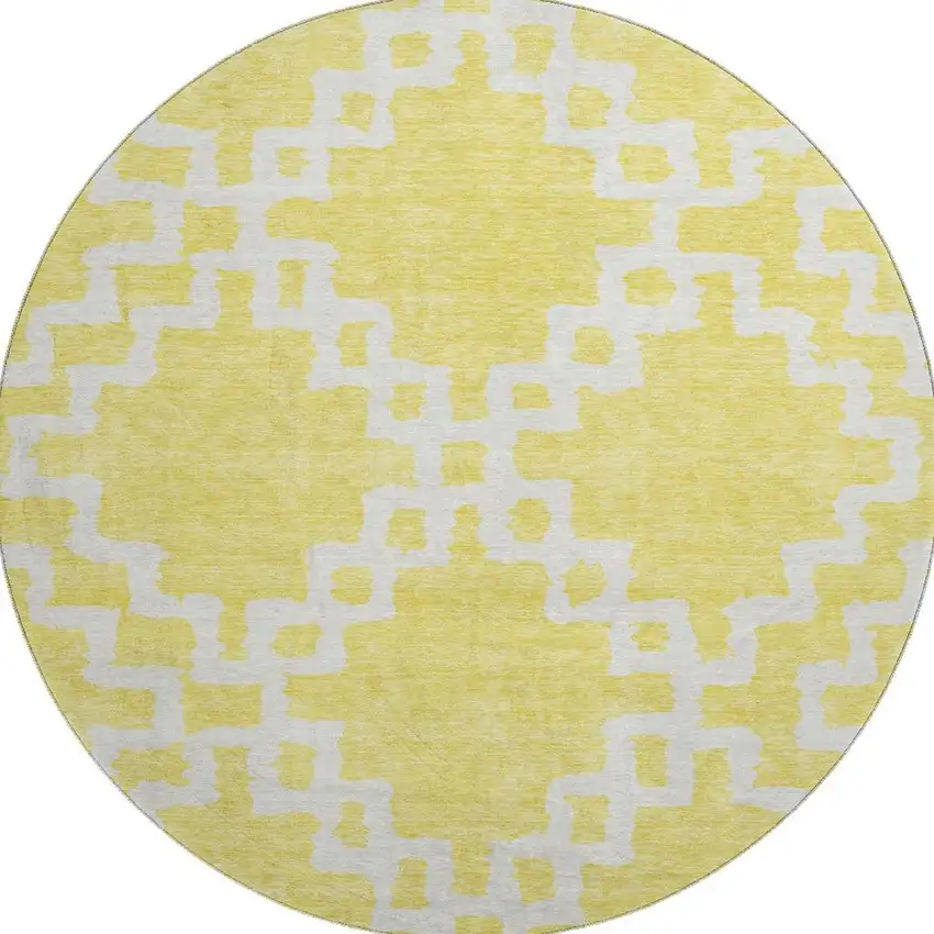 8' Yellow And Ivory Abstract Geometric Washable Round Rug With UV Protection Photo 4