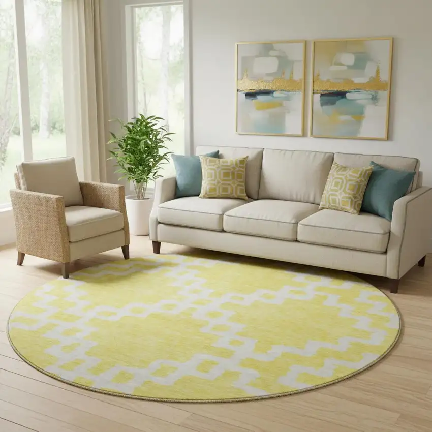 8' Yellow And Ivory Abstract Geometric Washable Round Rug With UV Protection Photo 1