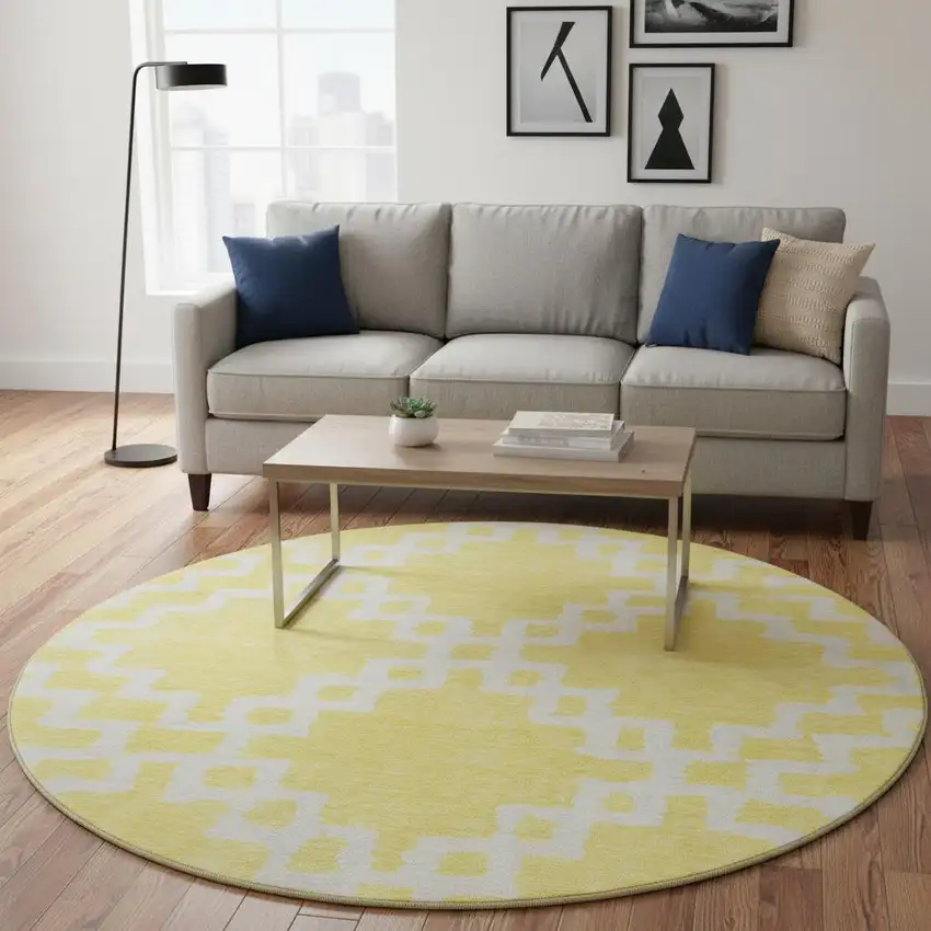 8' Yellow And Ivory Abstract Geometric Washable Round Rug With UV Protection Photo 2