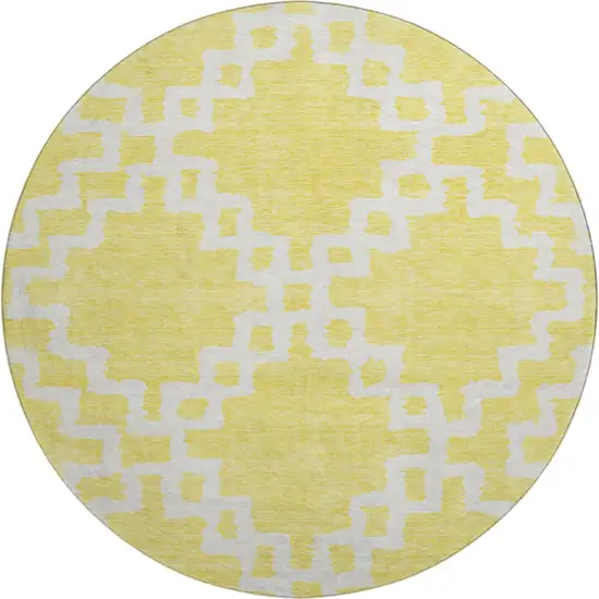 8' Yellow And Ivory Abstract Geometric Washable Round Rug With UV Protection Photo 1