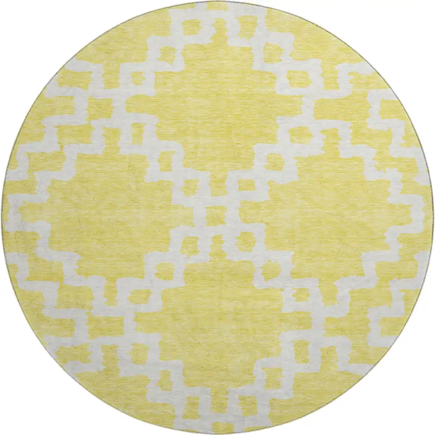 8' Yellow And Ivory Abstract Geometric Washable Round Rug With UV Protection Photo 1