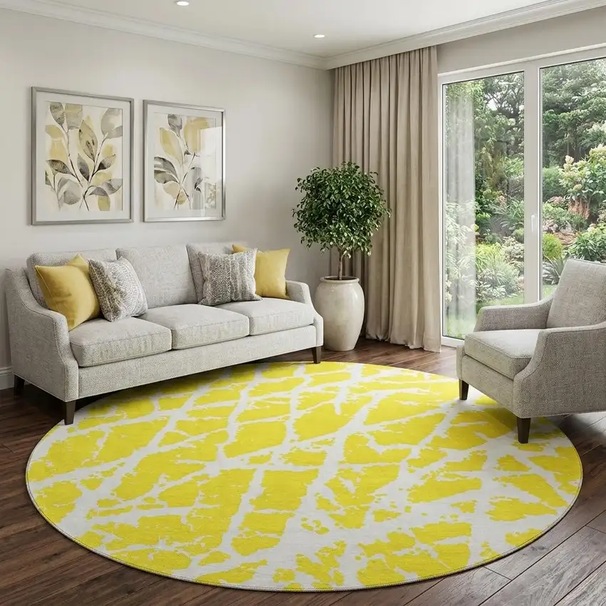 8' Yellow And Ivory Abstract Washable Round Rug With UV Protection Photo 1