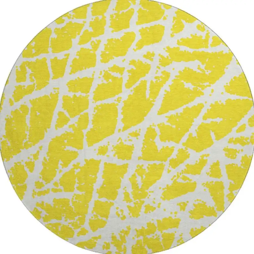 8' Yellow And Ivory Abstract Washable Round Rug With UV Protection Photo 4