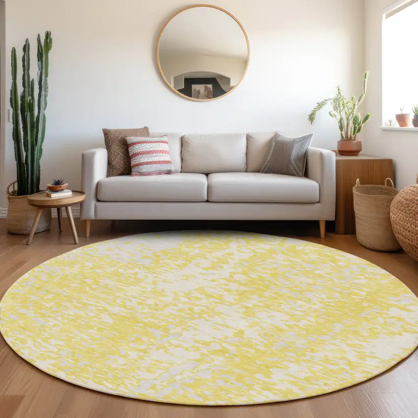 8' Yellow And Ivory Abstract Washable Round Rug With UV Protection Photo 4