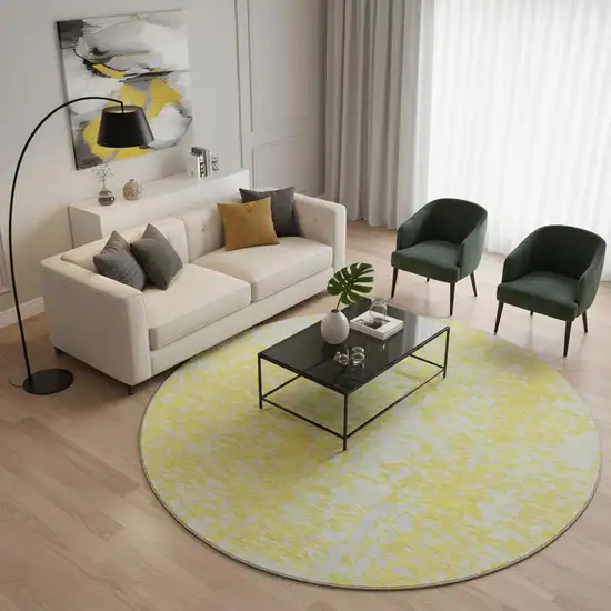 8' Yellow And Ivory Abstract Washable Round Rug With UV Protection Photo 2